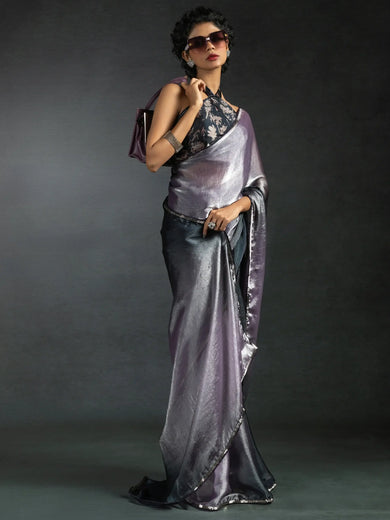Incredible Lavender Satin Bollywood Pre-Stitched Saree With Blouse